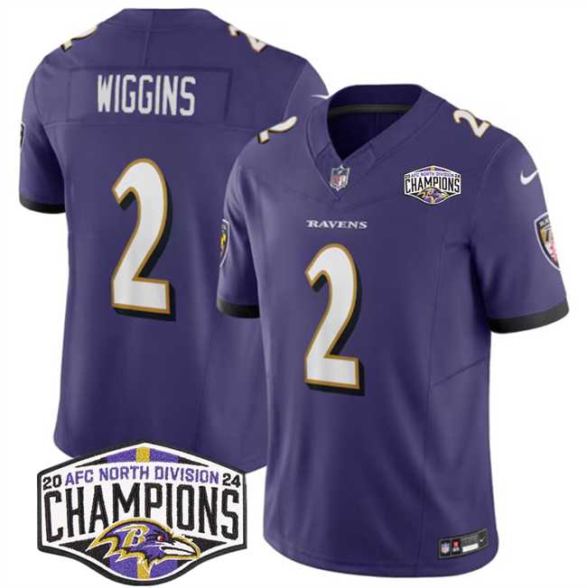 Men%27s Baltimore Ravens #2 Nate Wiggins Purple F.U.S.E 2024 AFC North Division Champions Vapor Limited Jersey